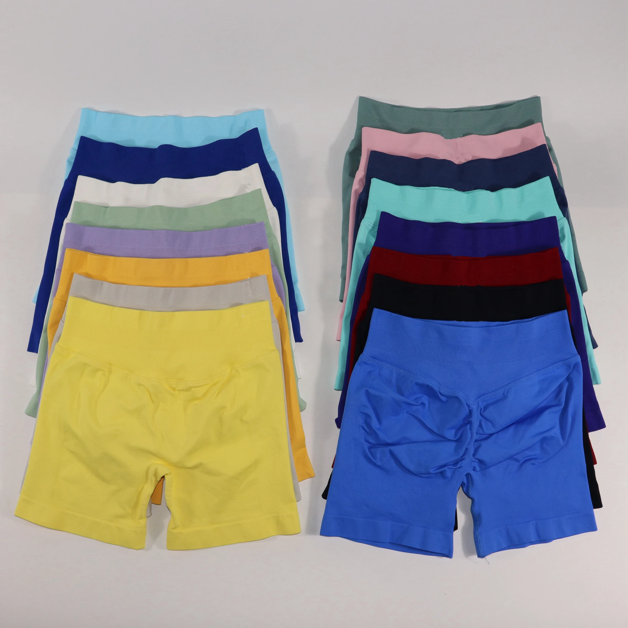 Shorts de impacto com nervuras baixas, shorts de yoga sem costura, treino, academia, espólio, estiramento, corrida, roupas de fitness