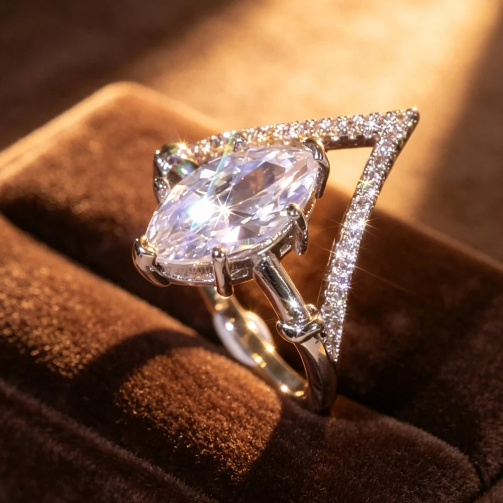 1PC Lady's luxurious V-triangle hollow textured metal ring, sleek elongated design, unique sophisticated style, ideal gift for engagement proposal, suitable for wives, lovers and friends