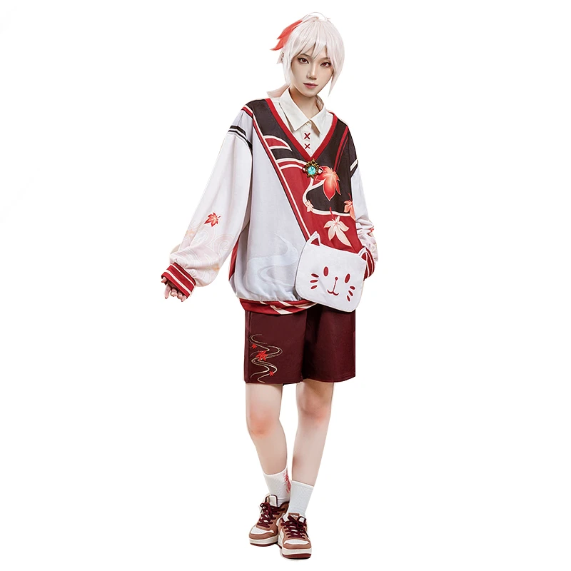 

New Cosplay Kaedehara Kazuha Costume Daily Maple leaf Hoodie Genshin Impact Casual clothing with cute Cat bag suit B