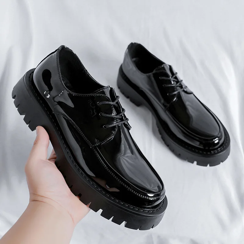 New Spring Autumn Korean Bright Leather Shoes Men Formal Dress Thick Bottom Loafers Lace-up Black British Business Work Shoes