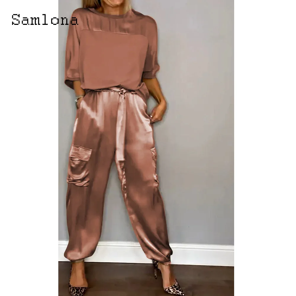 طقم بدلة رياضية من الساتان من قطعتين للنساء ، بلوزة غير رسمية ، بنطلون برباط كاكي ، بدلة عتيقة ، بلوزة مرقعة ، أنثى ، صيف ، جديد ، #2