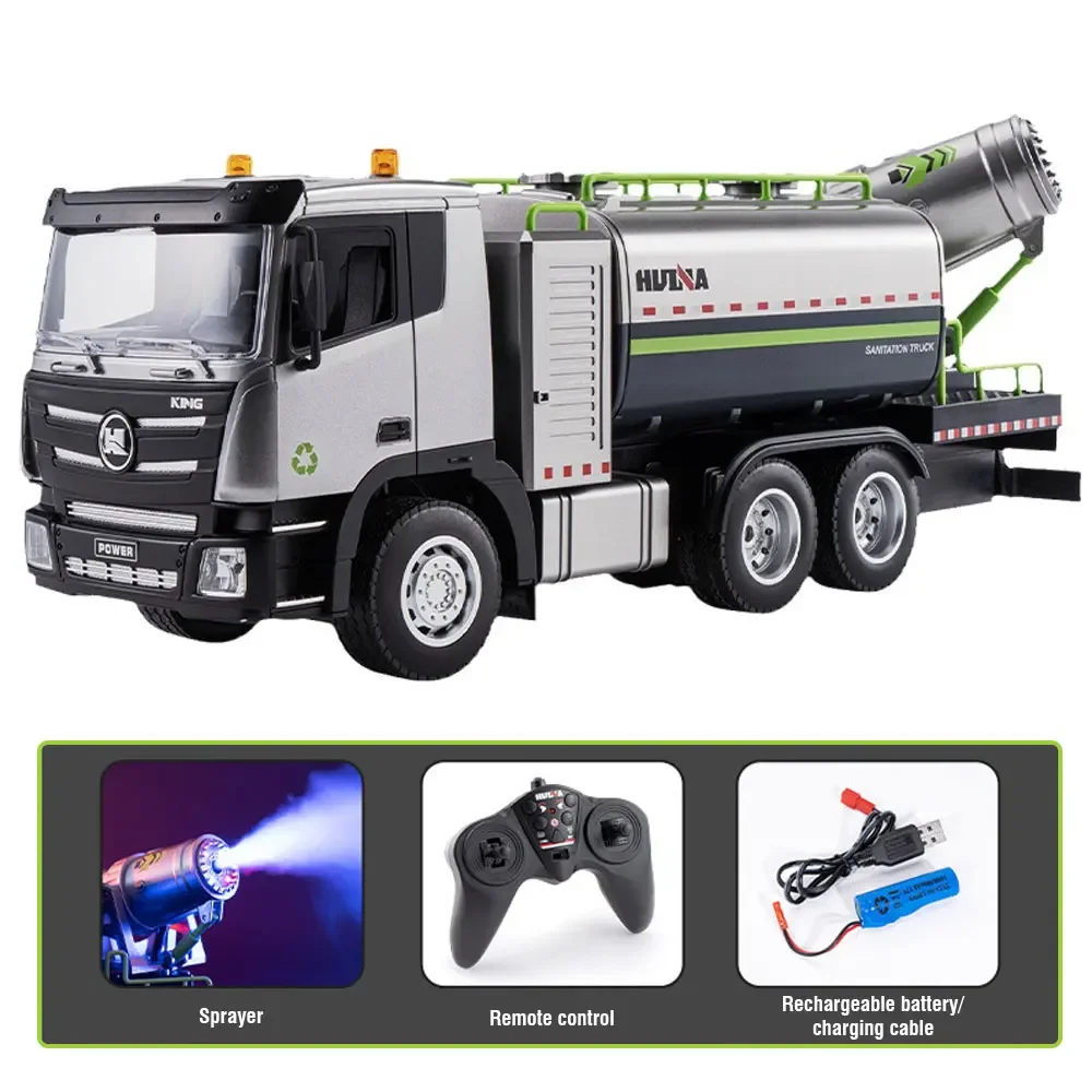 Huina Alloy Rc Truck Zdalnie sterowany samochód 9-kanałowy pistolet natryskowy tłumiący kurz Pojazd sanitarny Czyszczenie zraszaczy Zabawki dla