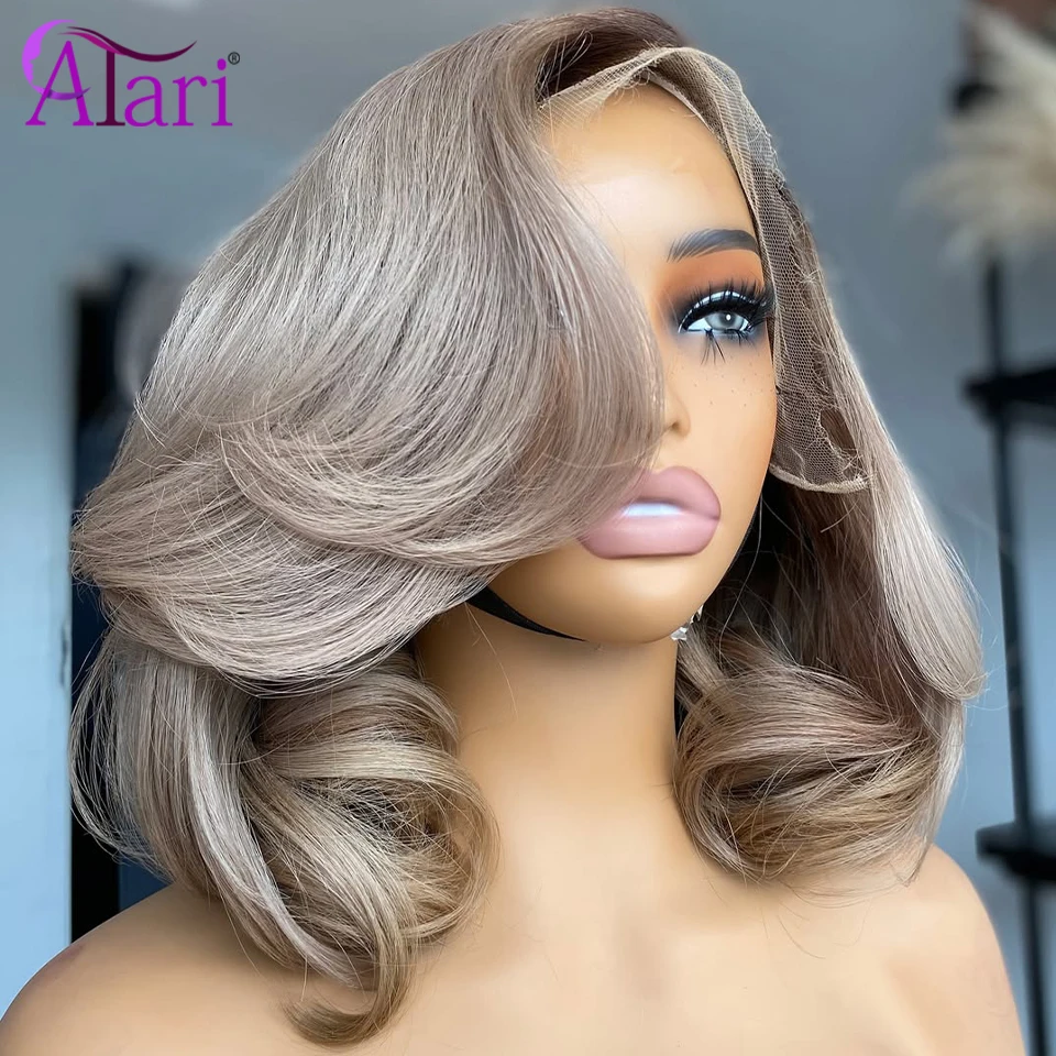 

Ombre Ash Blonde Short Bob Wavy Wig Pre Plucked Transparent 13x4 Full Lace Frontal Body Wave Bob Wig Brown Roots 180 Density Wig