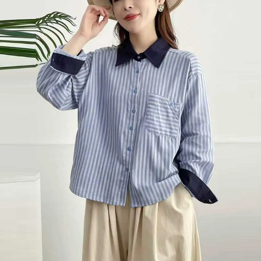 اليابانية خمر موري فتاة مخطط المرقعة قمصان النساء الخريف جديد رفض طوق كم طويل بلوزة فضفاضة غير رسمية القمم