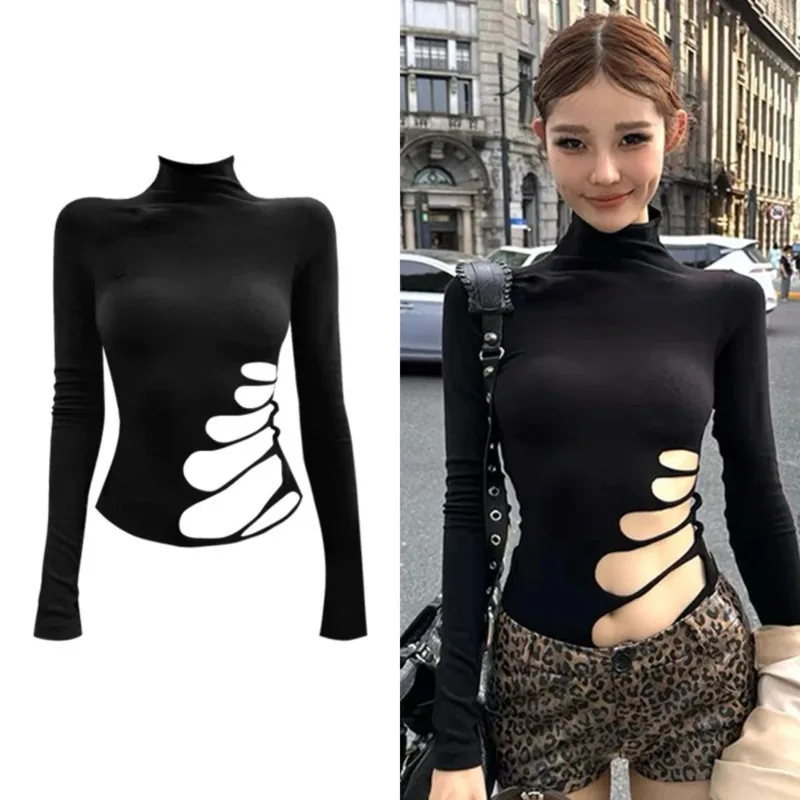 

Sexy Fashion Hollow Out Crop Tops Y2k Aesthetics Long Sleeve Black Turtleneck T-shirt Women 2025 Spring Slim Fit Clubwear Tees