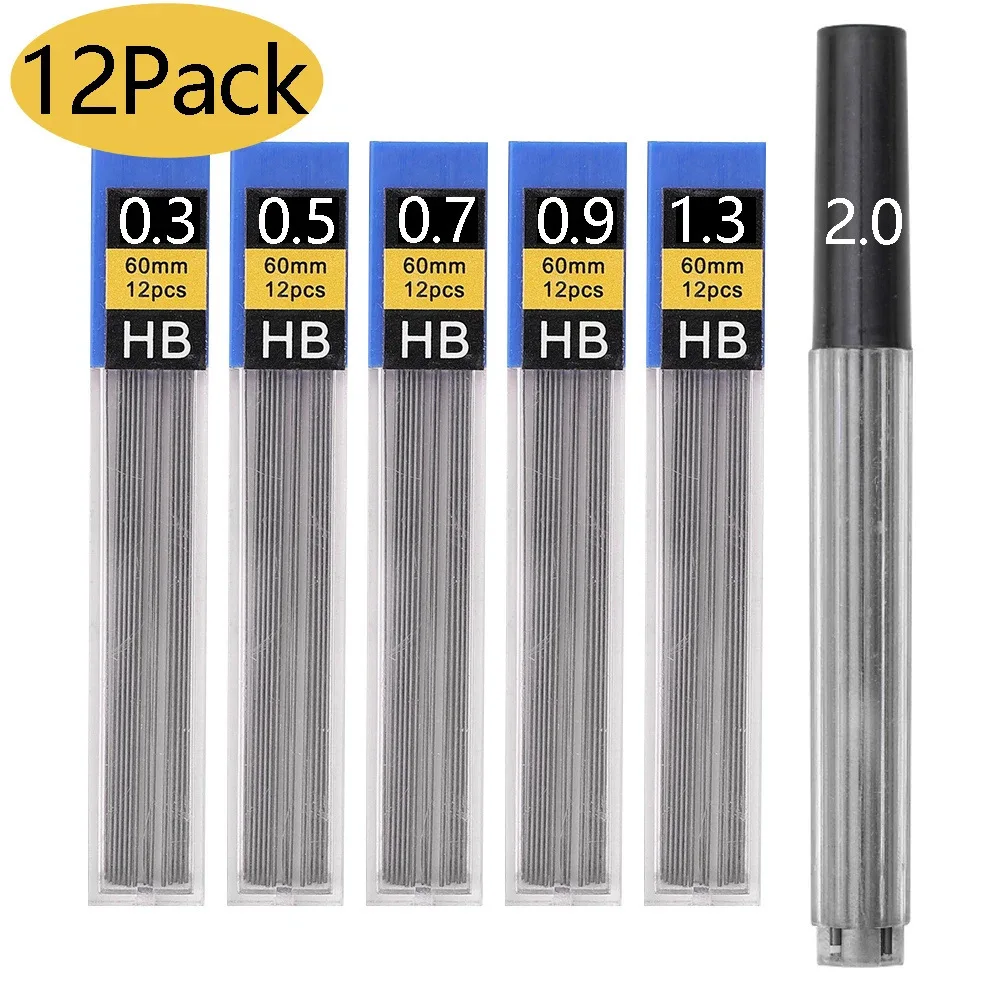 0.3/0.5/0.7/0.9/1.3mm Mechanical Pencil Refills 12 Pcs HB Resin Refill Break Resistant Mechanical 6 Tubes