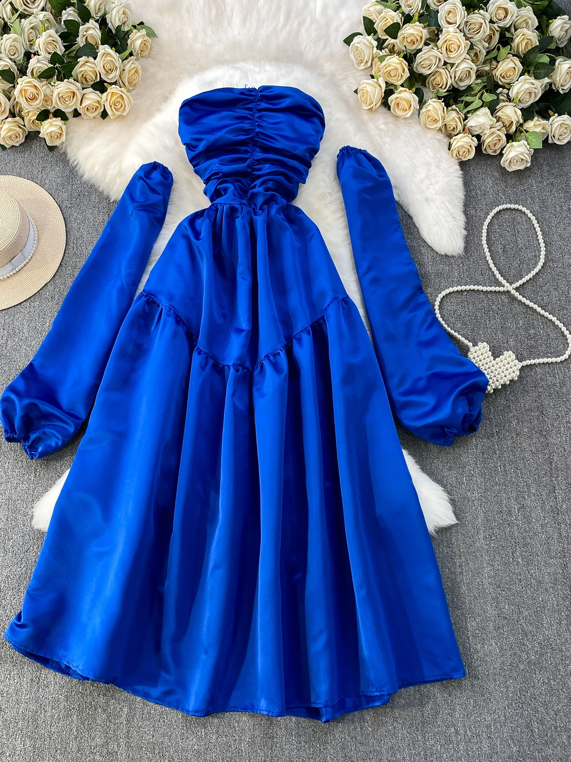 Ele Evening Dr Rock Damen Herbst Winter Kleid mit hoher Taille und Sves Taille gerafft A-Linie lang Dr