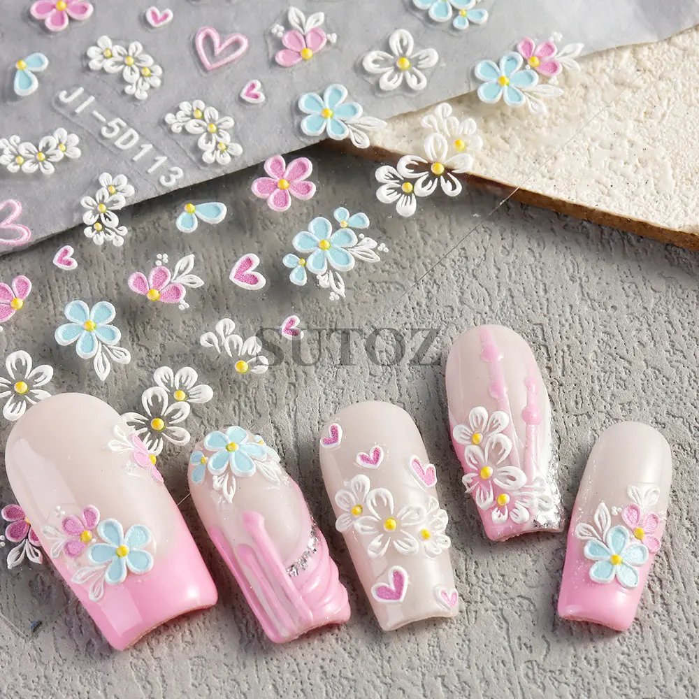 5D Colorful Flowers Nail Stickers Butterfly Rose Spring Summer Decals Macarone Nail Sliders Relief Art Manicure Decors LEBJI-5D