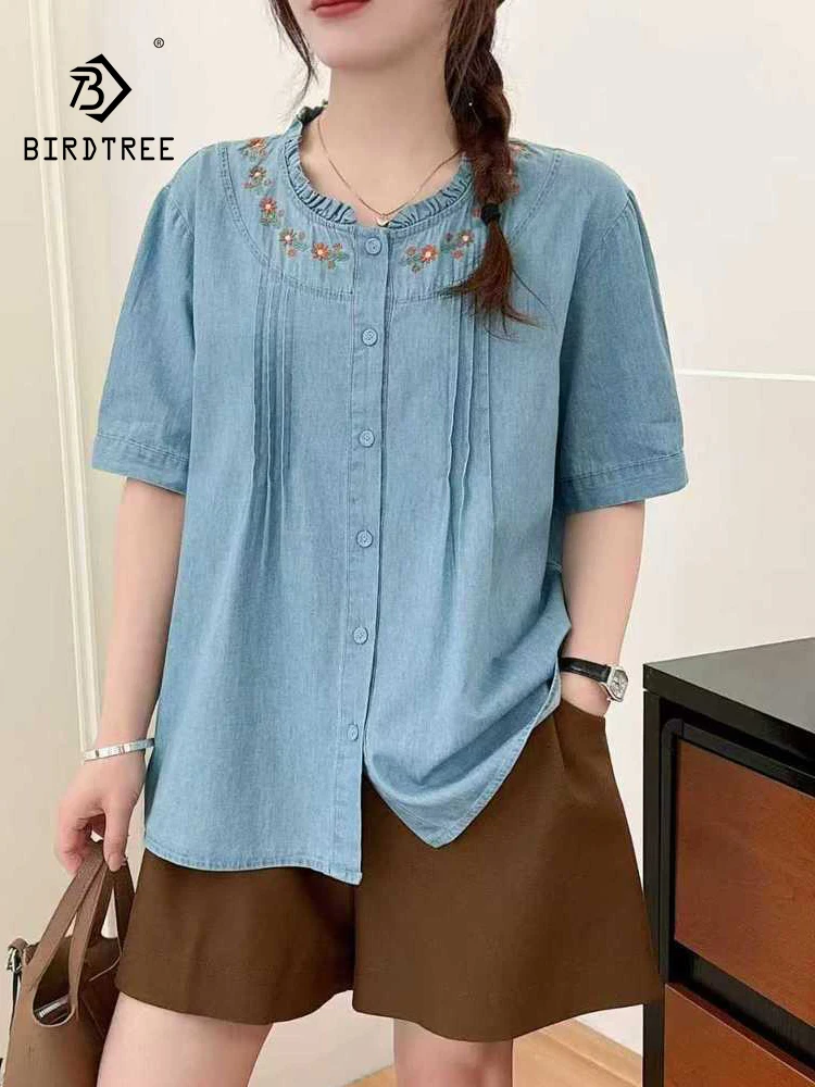 

Новая женская джинсовая рубашка с коротким рукавом на лето 2026, с цветочной вышивкой, в стиле Mori Girl, винтажная, в японском стиле, свободная блузка T63954CC