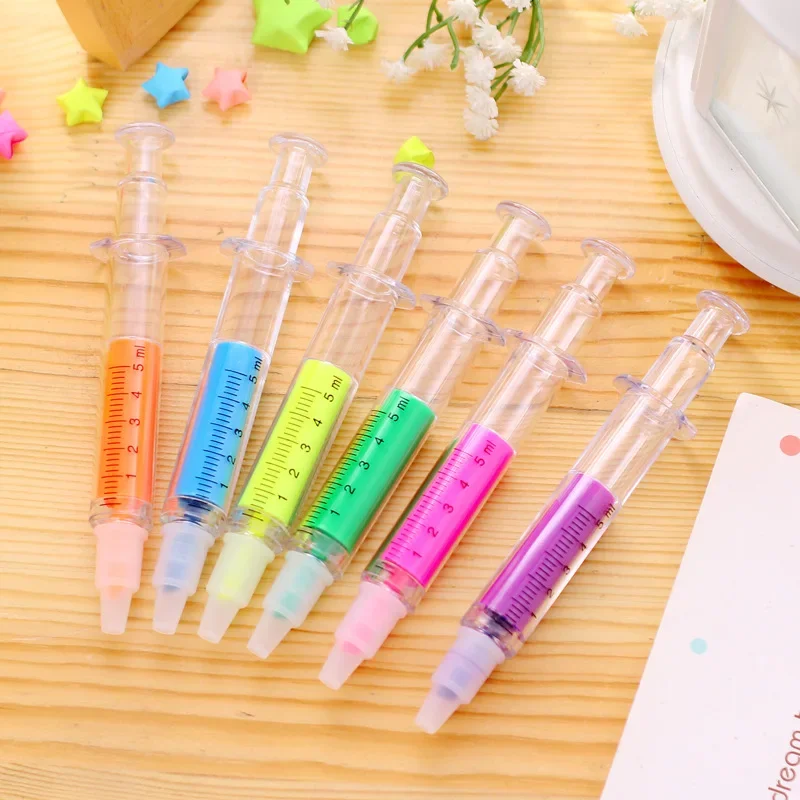 6Pc Kawaii Syringe Highlighter Pen Syringe Needle Shape Mechanical Color pen Ballpoint for Office School Marker Writing Tool