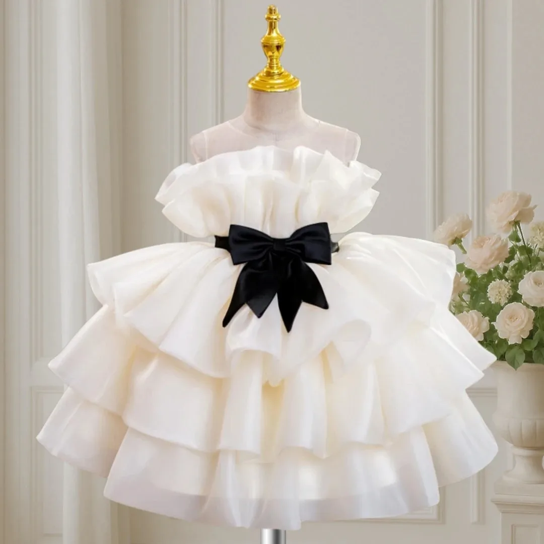 Custom Flower Girl Dress Beige Chiffon Multi-Layer Design Black Bow Sleeveless Suitable for Weddings and First Communion