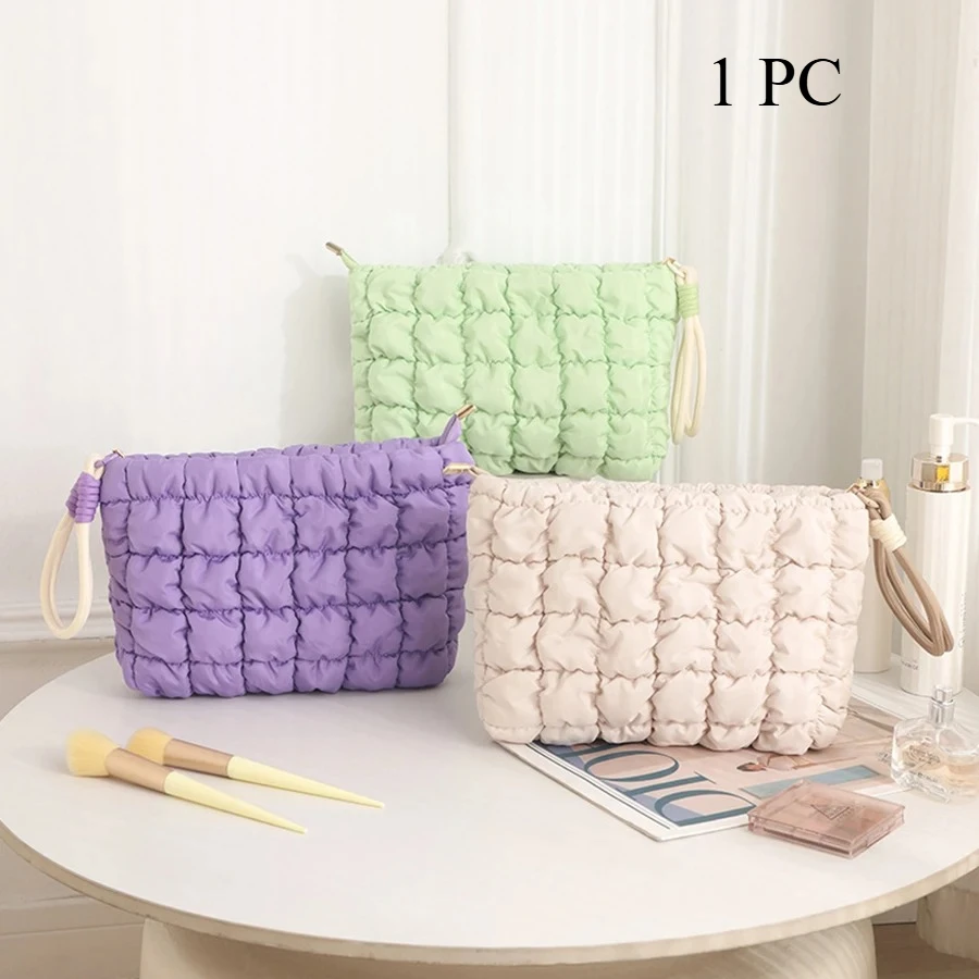 Cute Puffer Quilted MakeupBag CosmeticBag Puffy Travel Toiletry Pouch Checkered ZipperBag Makeup OrganizerBag For Woemn Girl