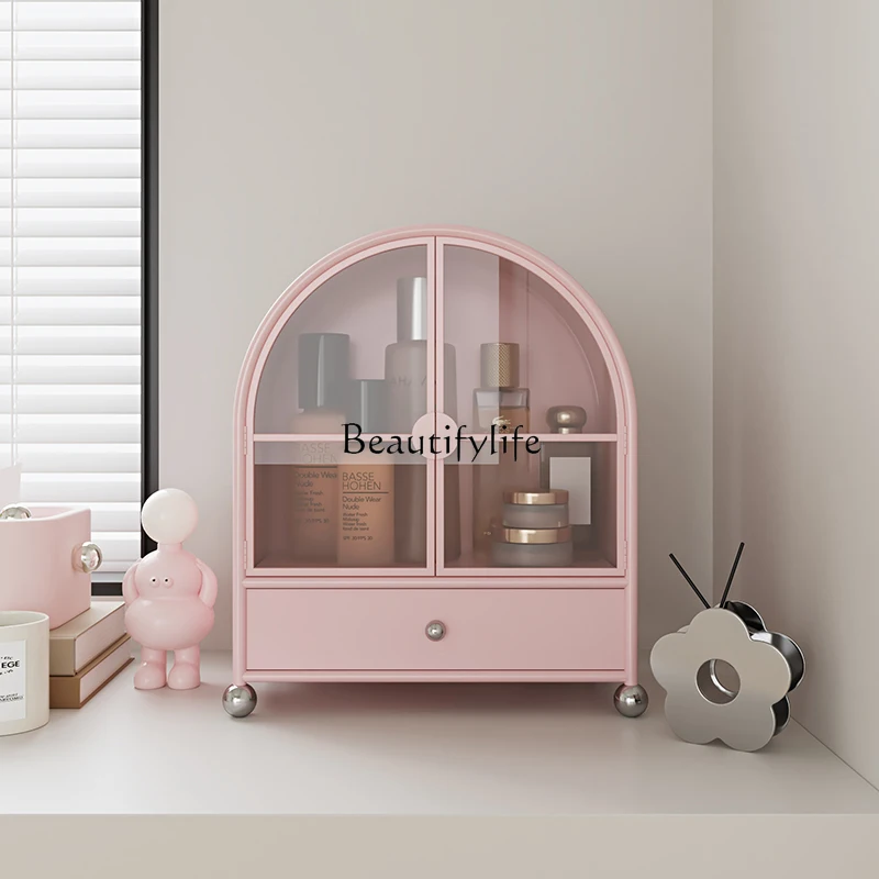 

Dopamine Pink Desktop Organizer, Vanilla Cream Makeup Storage Shelf, Small Metal Drawer Cabinet with Arched Design for Vanity