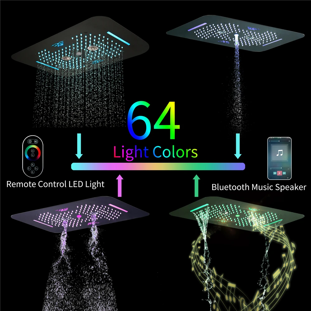 Nowoczesna, montowana na ścianie, polerowana, mosiężna bateria termostatyczna z deszczownicą LED z muzyką, o wymiarach 23x15 cali, z funkcją wodospadu i strumieniowego prysznica.