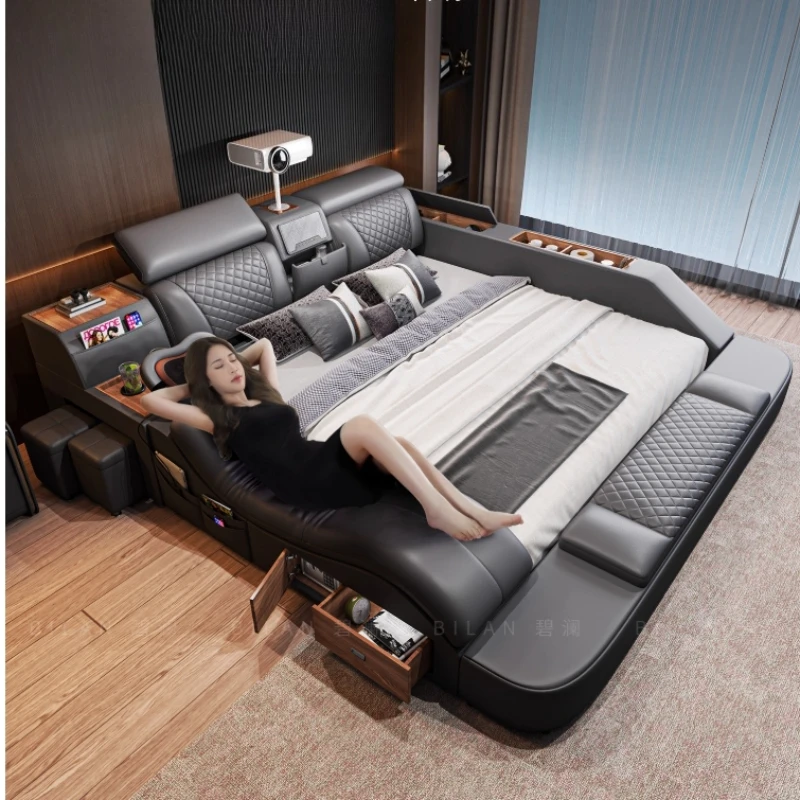 

Multi functional massage chair tatami double bed master bedroom Soft package wedding bed projectior queen cama casal furniture