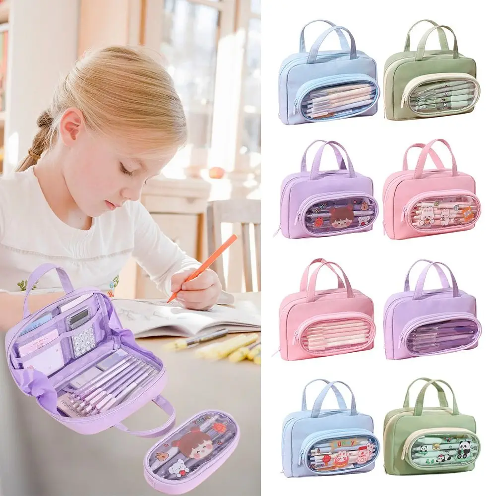 New Removable Pen Bag Waterproof Multi-layer Stationery Storage Pouch with Handle Send Random Stickers Cosmetic Bag