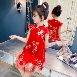 Kids Girl Cheongsam Dress Summer 2024 Baby Princess Dresses New Teenager Sleeveless Dress Children Party Clothes 10 To 12 Years