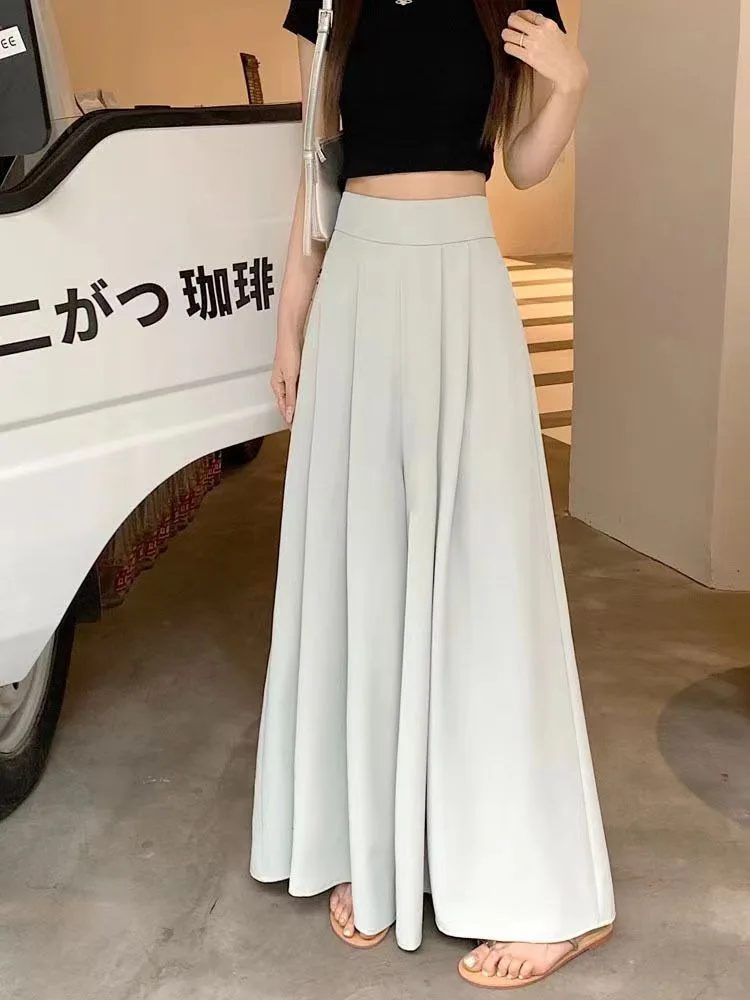 Large Wide Leg Pant Skirt for Women\'s Spring Summer Thin Pleated Suit Pants High Waist Drape Office Ladies Casual Dress Trousers