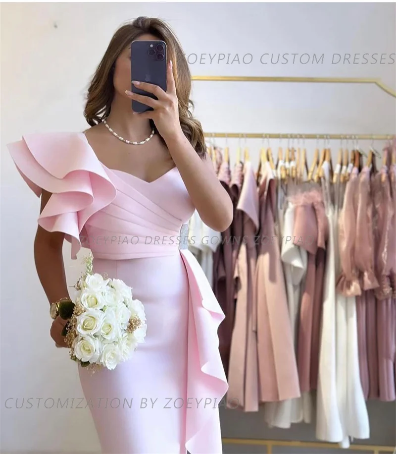 Summer Light Pink Short Prom Dresses One Shoulder Tiered Ruffles Fairy Satin Formal Casual Evening Gowns Night Party فساتين ح