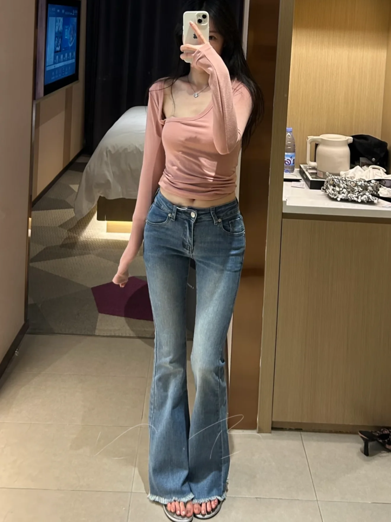 

Retro Low Waist Flared Slim Fit Elastic Denim Jeans Women's Korean Sle Waed out Blue Jeans Narrow Version Ladies Jeans