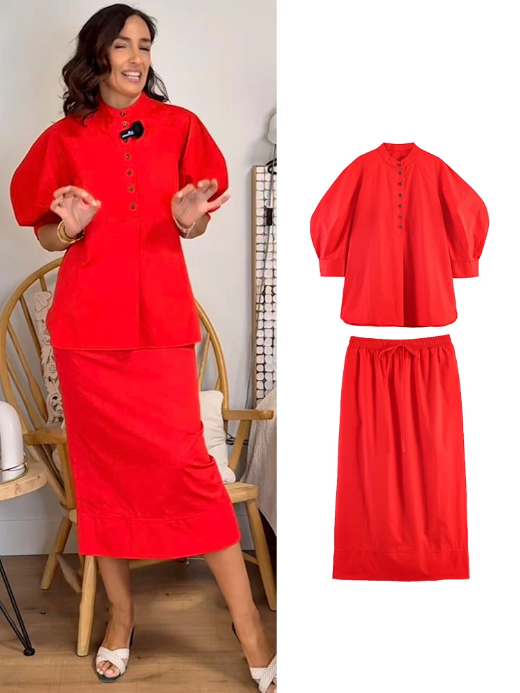 TFMLN Fashion Women's Skirt Set Puff Sleeve Button Up Loose Shirts High Waist Lace Up Midi Straight Skirt 2026 Summer Suit