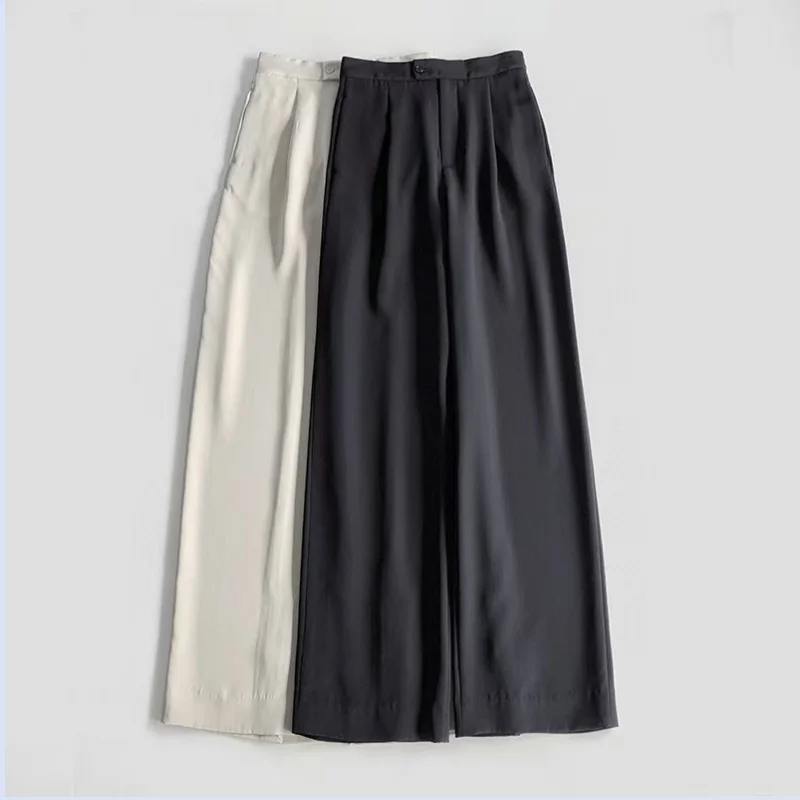 French style comfortable back hem slit with glossy smooth and lazy light luxury mulberry silk wide leg floor length pants