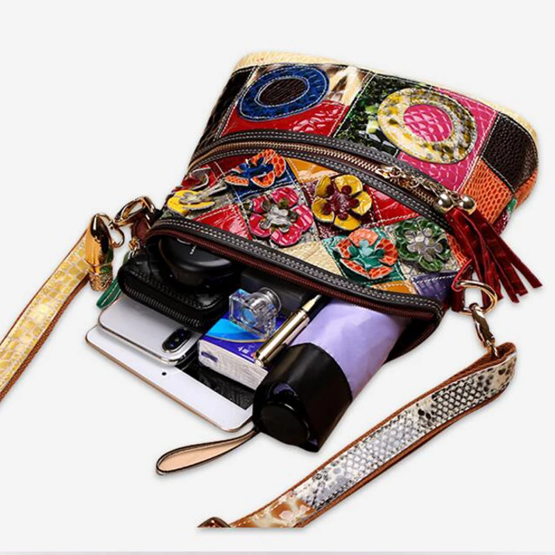 LOMANTINA  Genuine Leather Casual Multi Color Messenger Bag Snake Pattern Women\'s Colorful Flowers Tassels Single Shoulder Purse