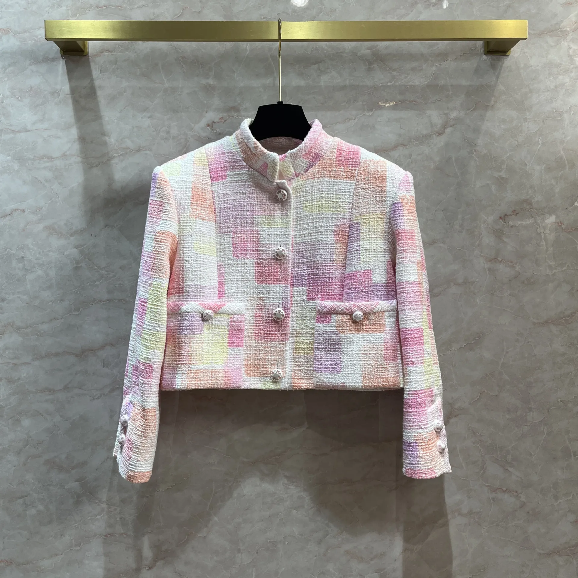 2023 Spring Brand New Designer France Style Women's High Quality Pink Plaid Stand Collar Tweed Jackets C204