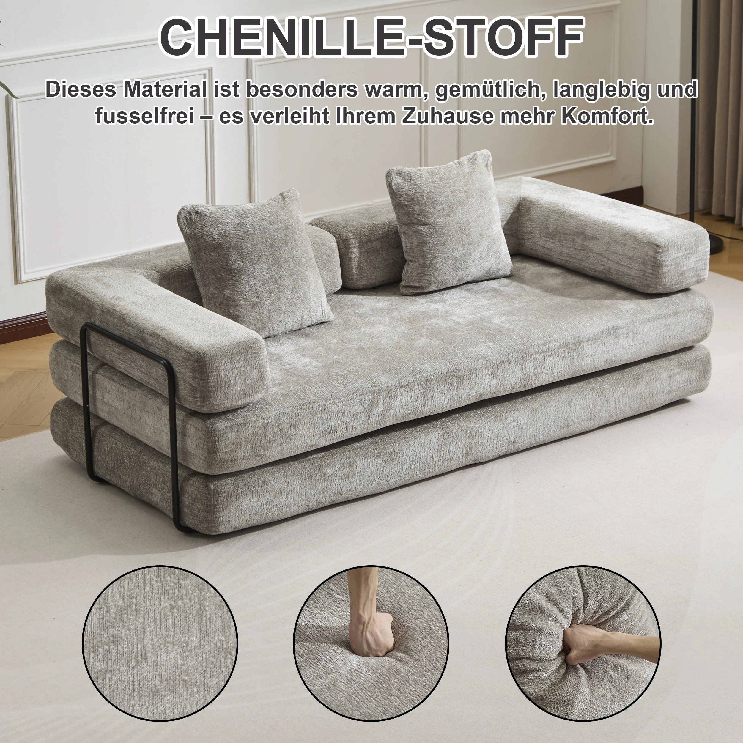 Sofá-cama compressível de chenille cinza claro, 3 em 1, sem necessidade de montagem, sofá de chão dobrável, sofá de loveseat macio para sala de estar