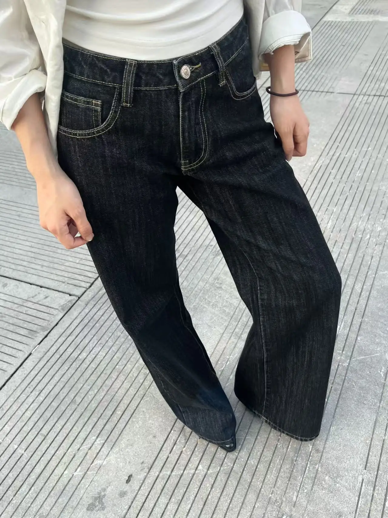 

3Qha винтажные прямые джинсы женские с текстурой талии свободные широкие брюки длиной до пола повседневные длинные брюки с высокой талией