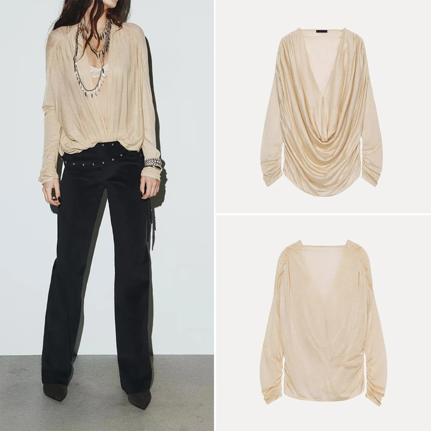 

Z Женский плиссированный топ Faion Ele Personali Match Повседневная одежда Свободный крой Long Sve V-Ne irt