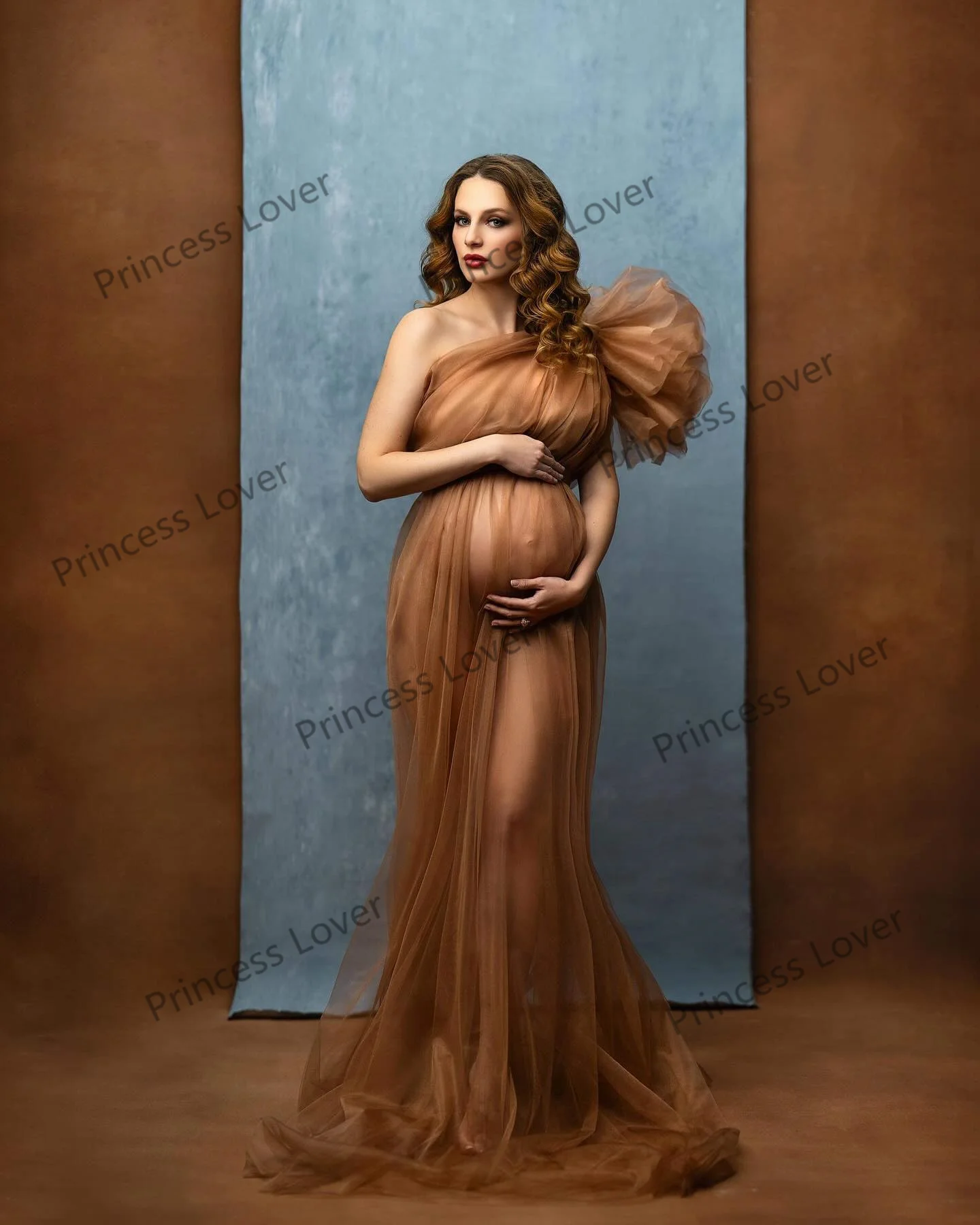 One Shoulder Brown Prom Dresses Women Mesh Tulle Maxi Gown for Baby Shower Empire Sexy Party Vestido de Novia Photography Props