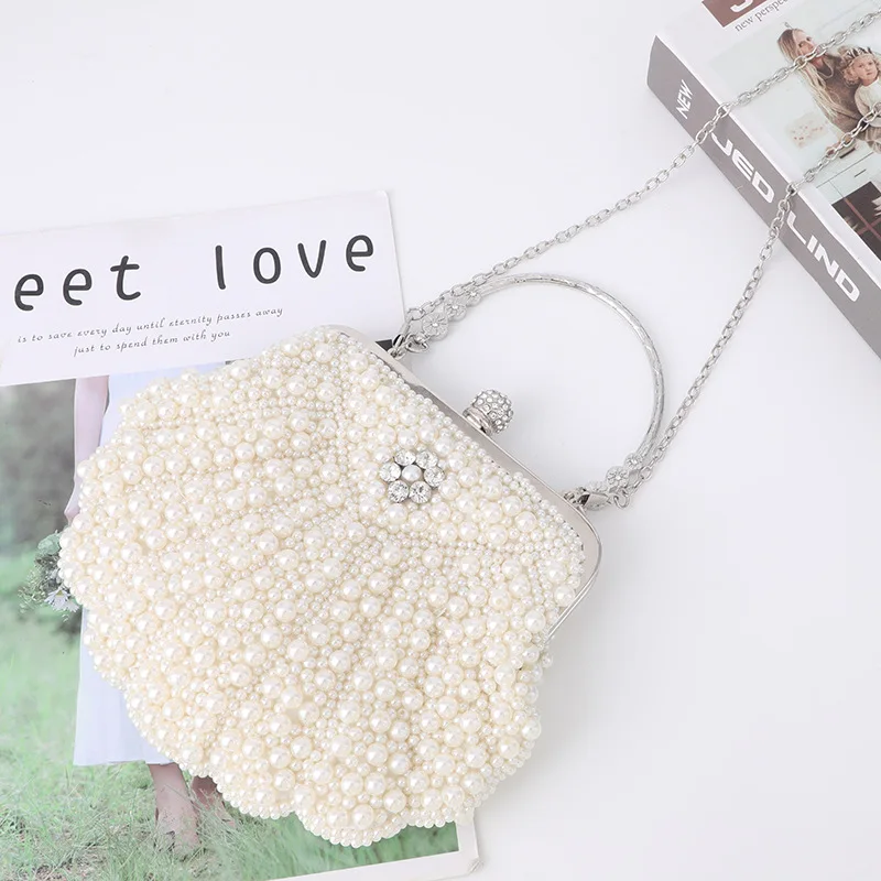 Factory direct wholesale luxury pearl clutch bag handmade beaded evening bag classic scalloped handbags for wedding party prom