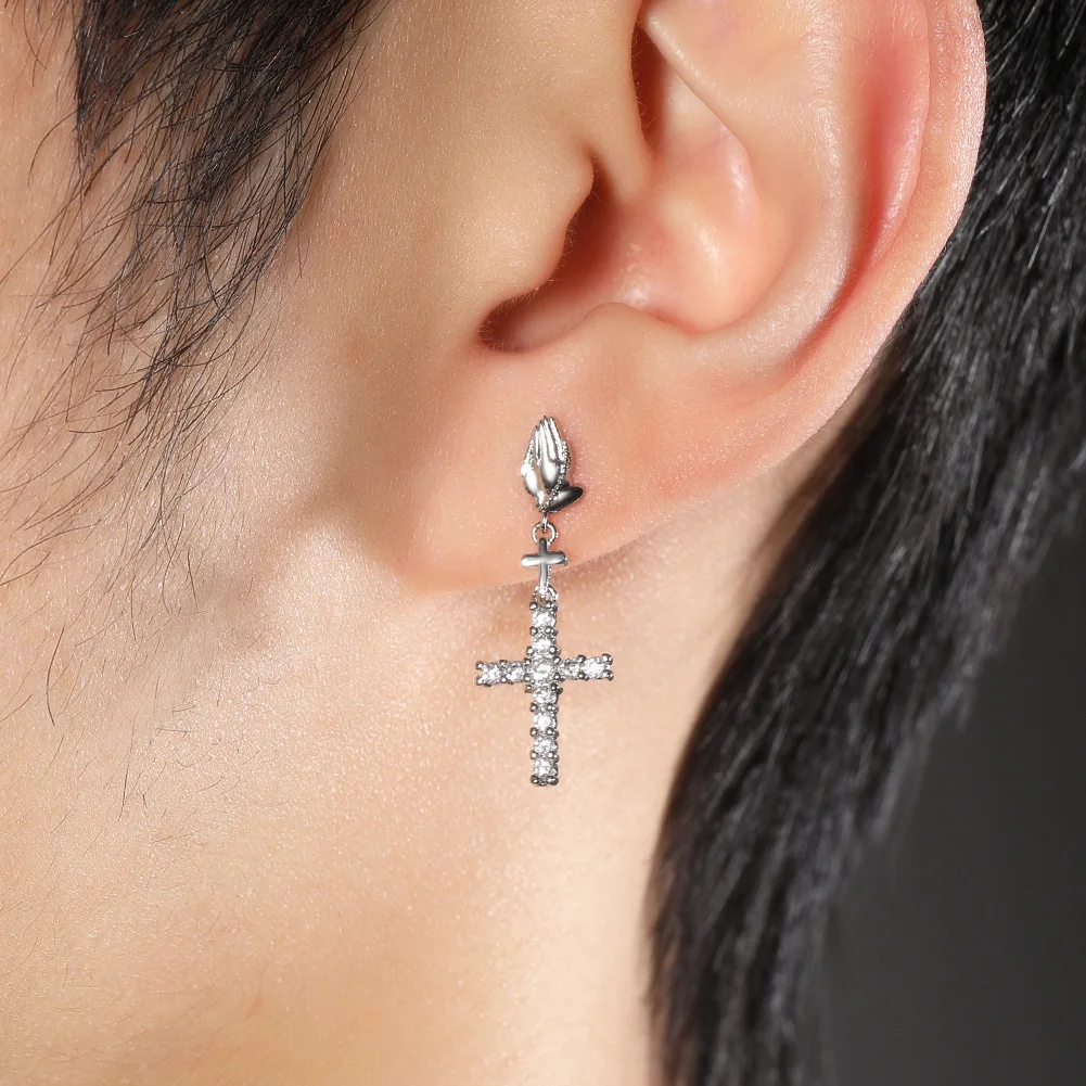 

Iced Out CZ Cross Drop Earrings for Women Pave Setting Round Cut Cubic Zirconia Dangle Earrings Fashion Jewelry for Gift