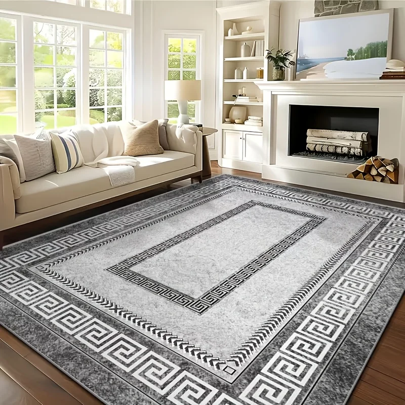Classic Grey White Greek Key Area Rug Modern Geometric Border Print For Living Room Bedroom Home Decor