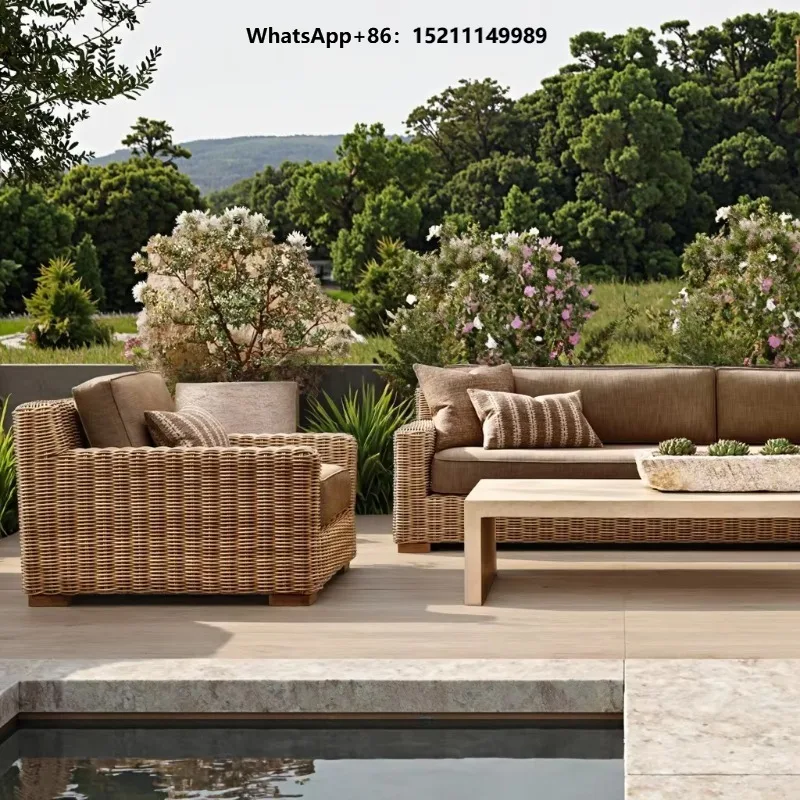 Popular Leisure Style Outdoor Furniture Set Durable Aluminum Frame Rattan Sofa Teak Wood Coffee Table for Villas Hotels