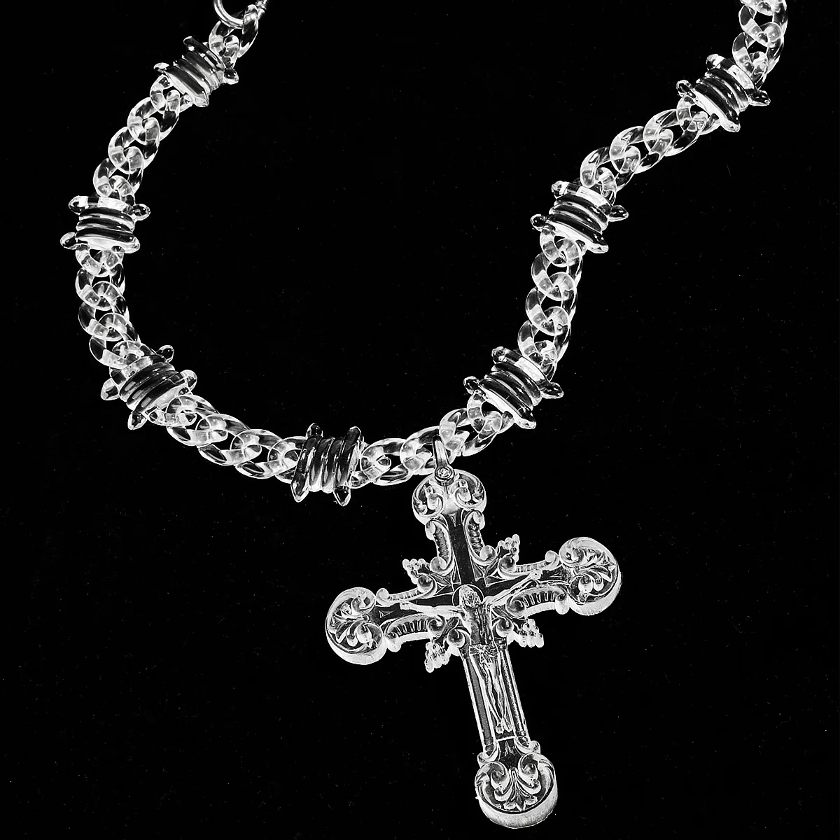 

Transparent Acrylic Big Jesus Christ Cross Necklace Pendants Men Hip Hop Barbed Wire Cuban Link Chain Choker Male Jewelry Gifts