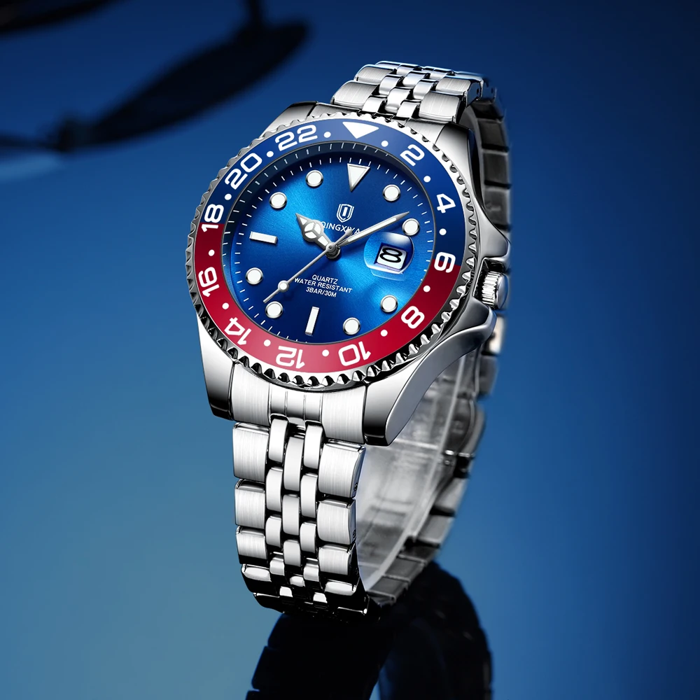 QINGXIYA Luxury Stainless Steel Watch Classic Red Blue Circle Series Magnifying Glass Calendar Quartz Watches Montre Homme