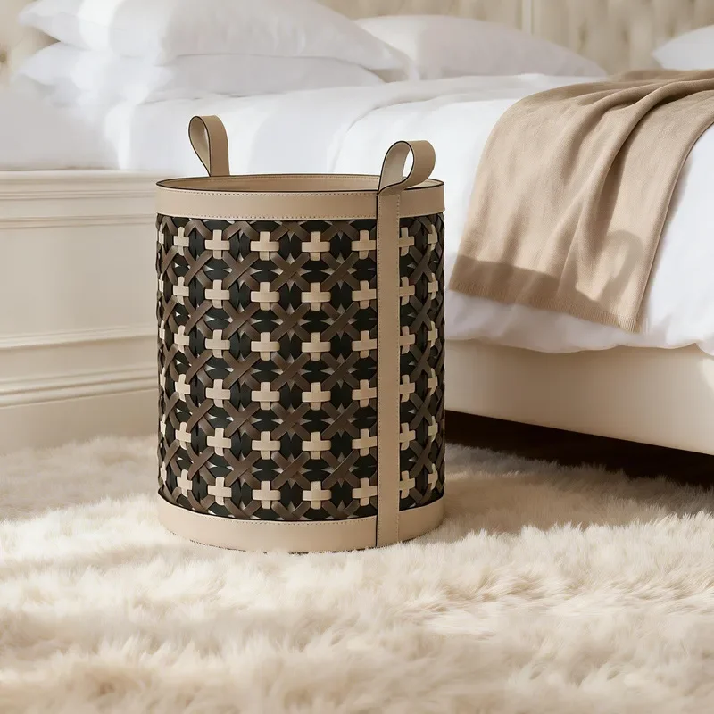 light luxury color matching hand-woven leather dirty clothes basket, large-capacity portable clothes storage bucket, medieval