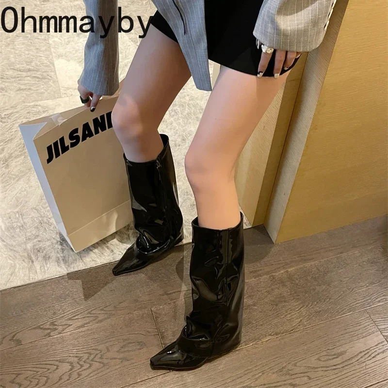 Designer Women Trouser Legs High Boots Fashion Side Zippers Long Boots Thick High Heels Autumn Winter Ladies Shoes