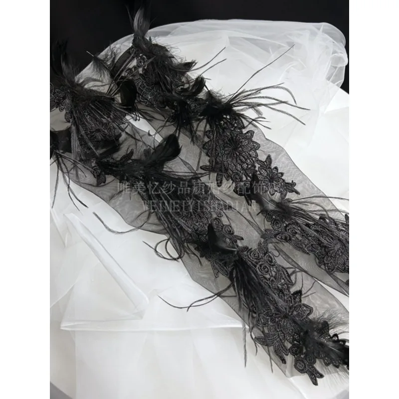 New fashion black mesh feather super fairy gloves long hook finger bridal dress shape retro photography