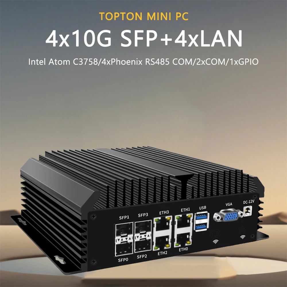 Fanless Mini Industrial PC Desktop Computer Atom C3758 4x10G SFP+ 4*LANs 4x Phoenix RS485 COM 2xDB9 RS232/485 COM Auto Power On