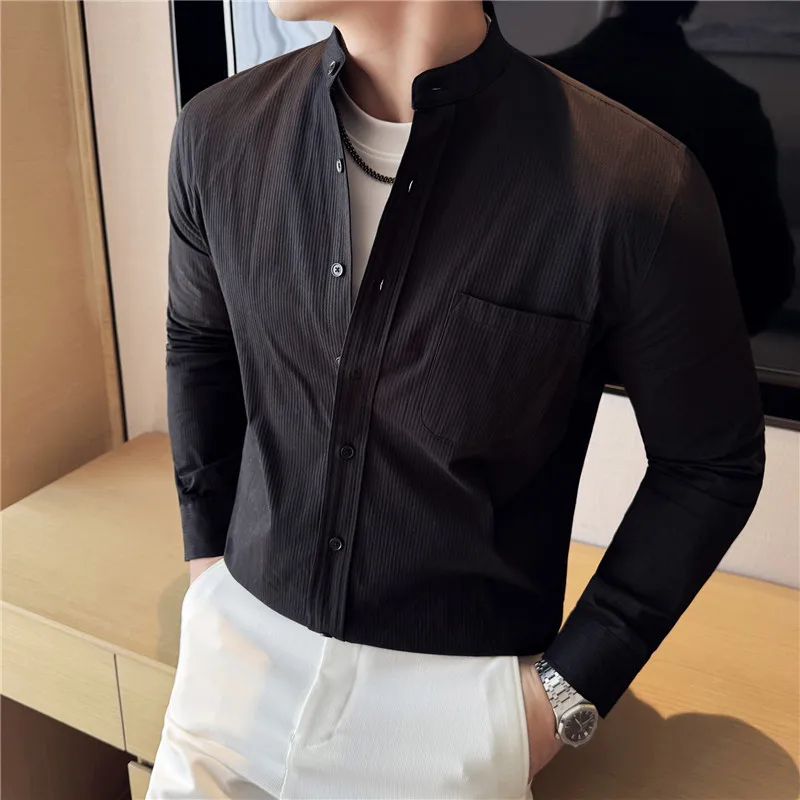 100% Cotton Men Shirt Striped New Chinese Style Stand Collar Retro Shirt Men's Clothing Long Sleeve Pocket Designer Top White