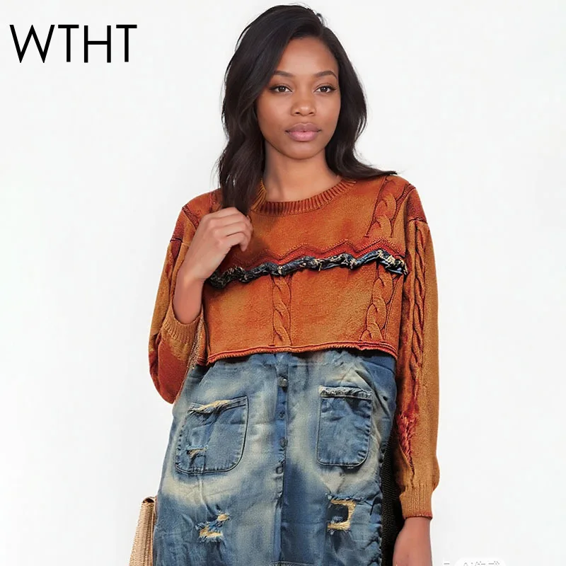 

WTHT New Fashion Women's Denim Spliced Knit Pullovers 2025 Winter O-neck Long Sleeves Sweater Female 1LS2774