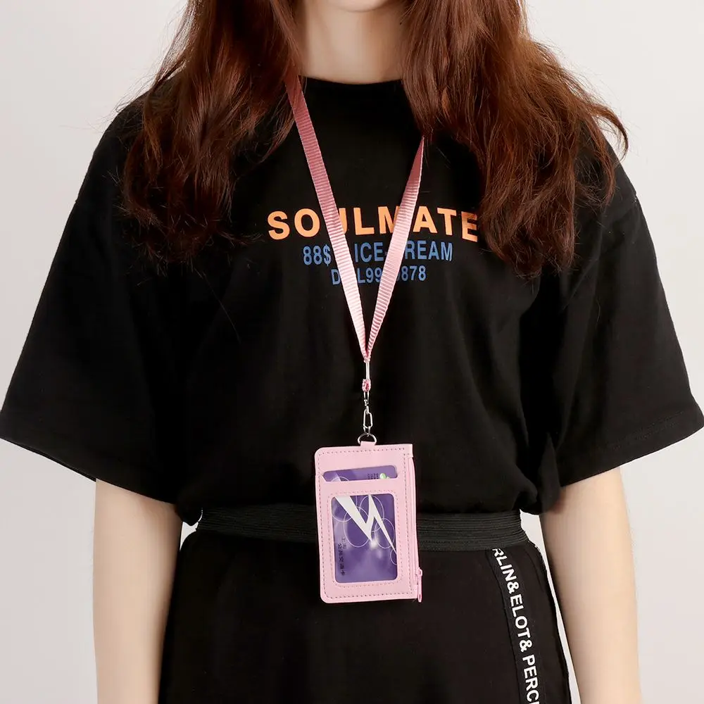 Luxe Pu Lederen Dubbele Kaart Mouw Id Badge Case Clear Bank Credit Card Badge Holder Portemonnee Zip Kaart Tas met Nek Lanyard