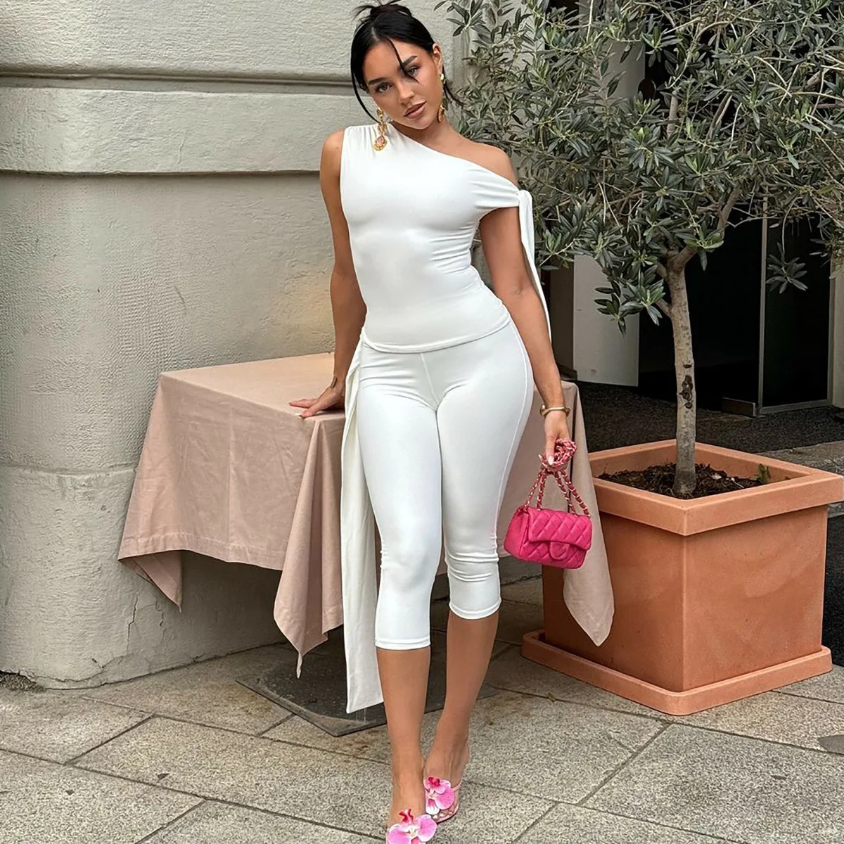 Summer Street Outfit Lace-Up Capri Pants Set 2-Piece for Women Tank Cropped Trousers Skinny Leisure Suit