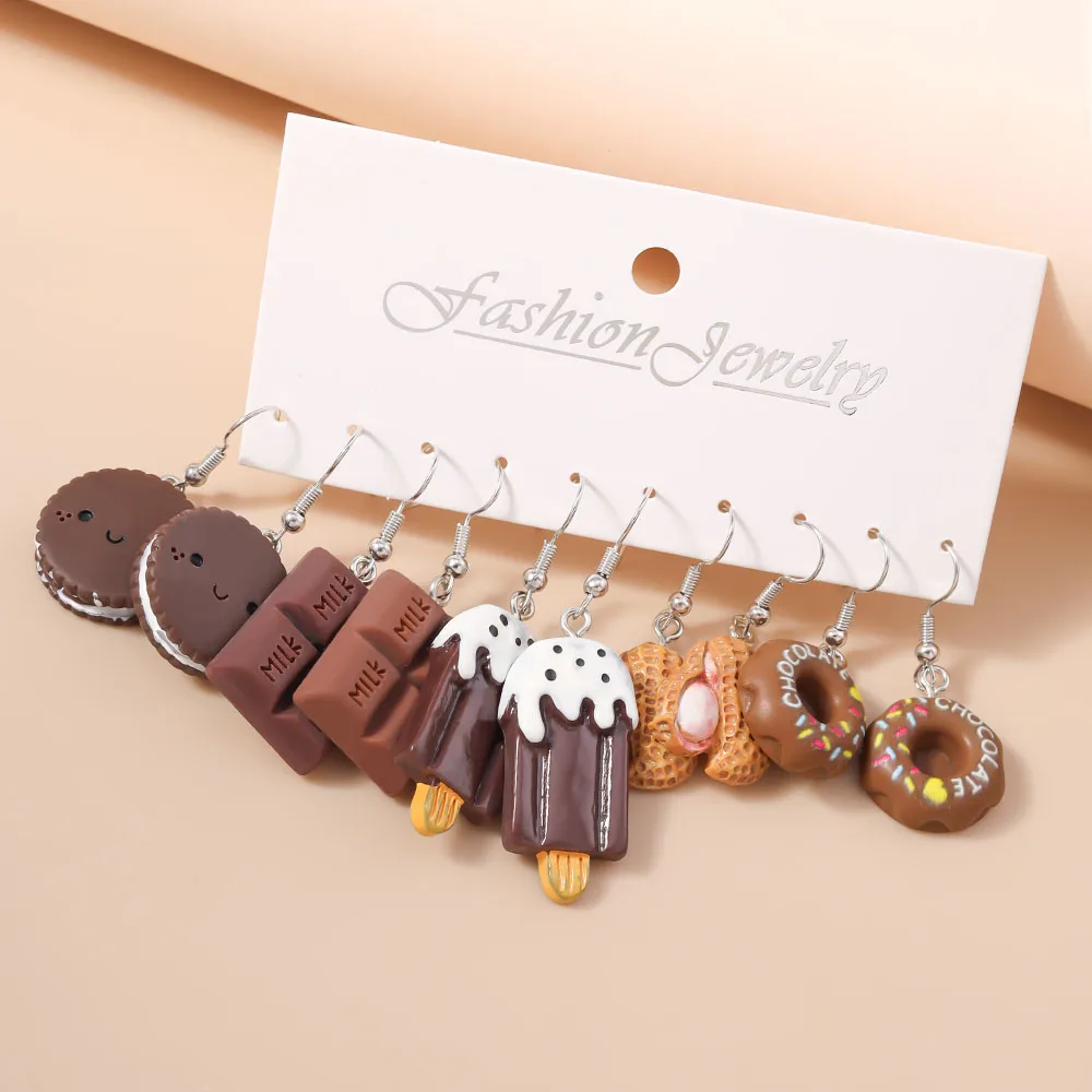 5 أزواج من أقراط الكرتون الآيس كريم كوكي الشوكولاتة دونات للنساء والفتيات أقراط متدلية للطعام ثلاثية الأبعاد هدايا مجوهرات للأطفال #3