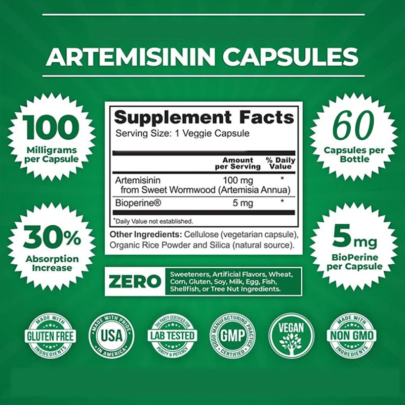 Artemisinin penyerapan tinggi, 60 Kapsul vegetarian dengan 5 yoghurt BioPerine, penyerapan kuat, ekstrak cacing manis