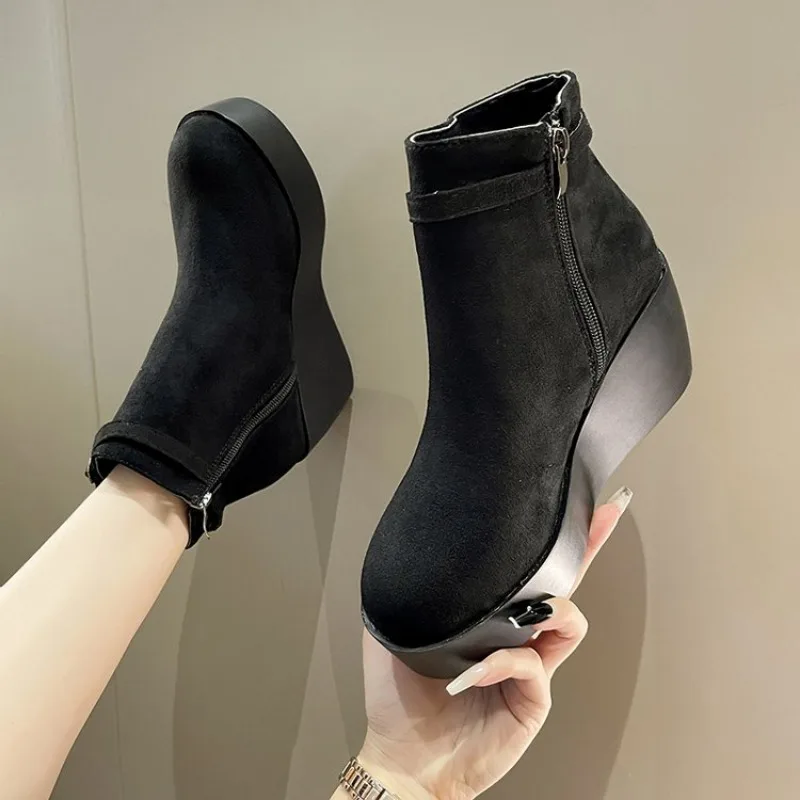 Women Boots Faux Suede Leather Wedge Platform Boots Hidden Heel Shoes High Top Casual Shoes for Woman Ankle Boot Size 36-43