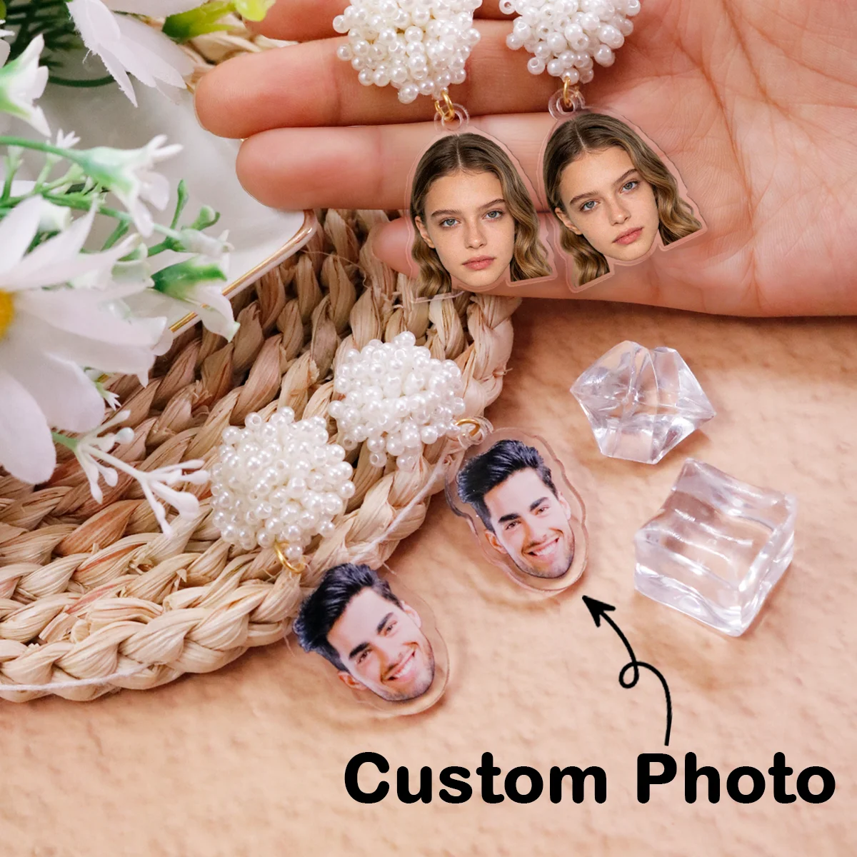 

Серьги из акрила с жемчугом и индивидуальным фото, персонализированные серьги для женщин, жемчужные серьги на заказ